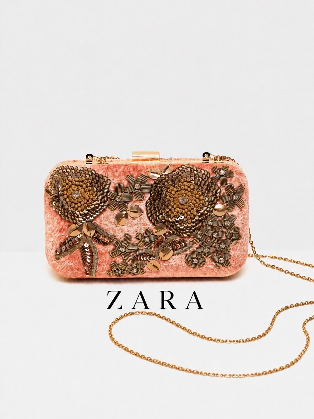 Zara Pink Velvet Floral Sequin Embellished Box Clutch Crossbody